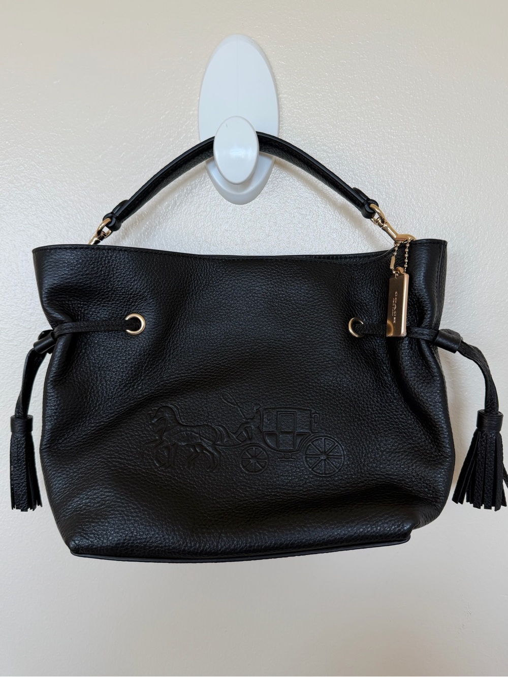 COACH Andy Black Pebbled Leather Crossbody Horse & Carriage Drawstring Bag CA213